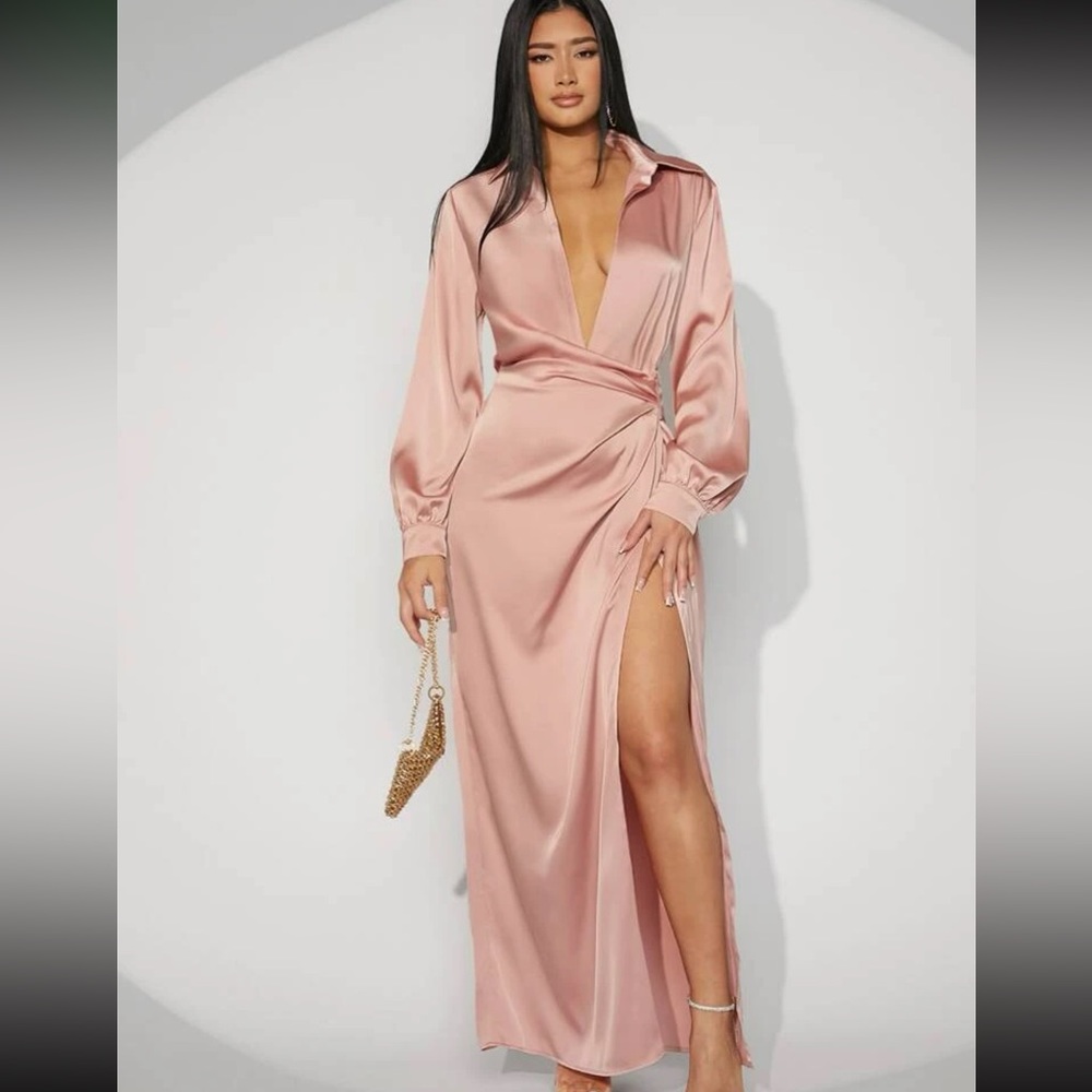 Plunging Neck Split Thigh Satin Dress